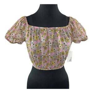 NWT LISA MARIE FERNANDEZ Pink Floral Puff Sleeve Square Neck Cotton Crop Top 2